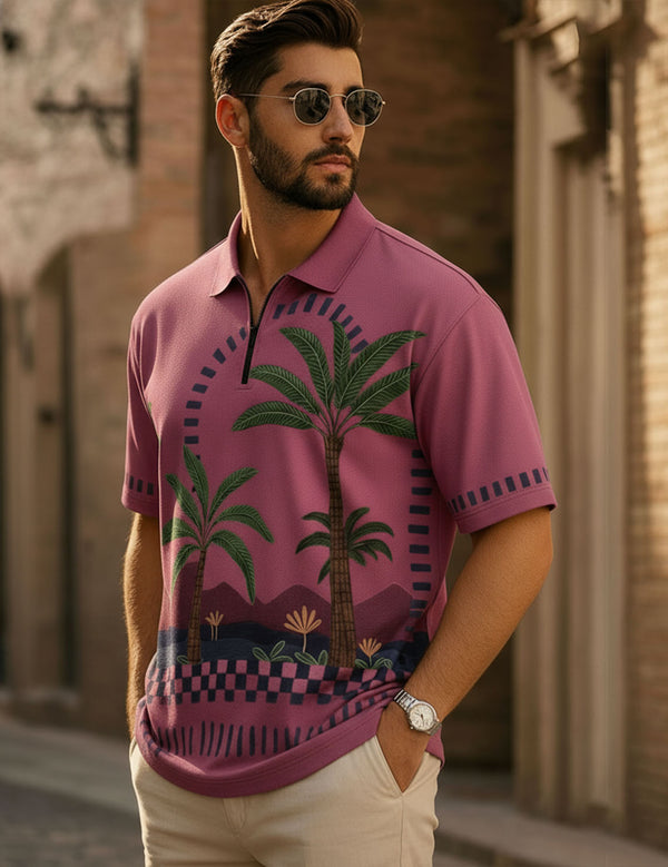 Force Printed Men Zip Neck Pink T-Shirt