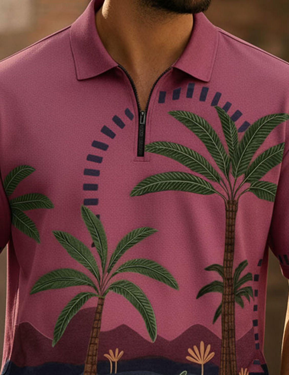 Force Printed Men Zip Neck Pink T-Shirt