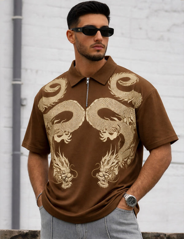 Force Printed Men Zip Neck Brown T-Shirt