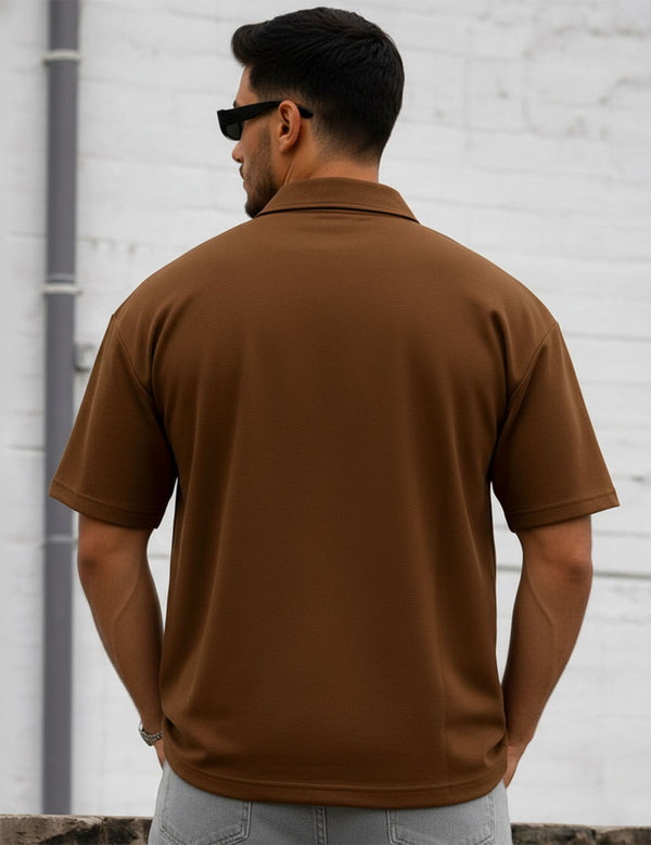 Force Printed Men Zip Neck Brown T-Shirt