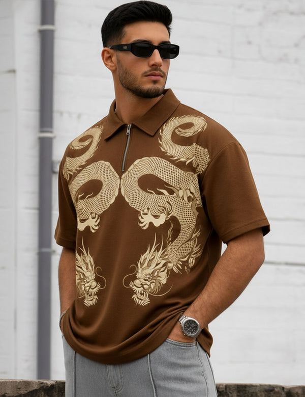 Force Printed Men Zip Neck Brown T-Shirt