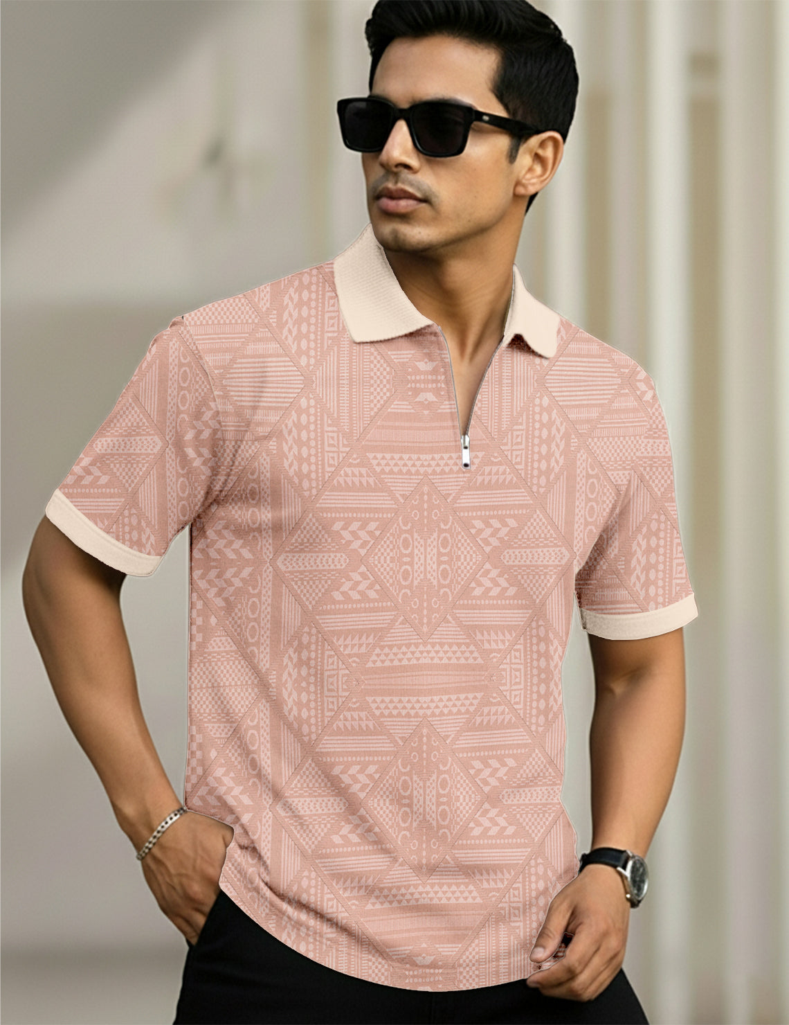 Force Printed Men Zip Neck Pink T-Shirt