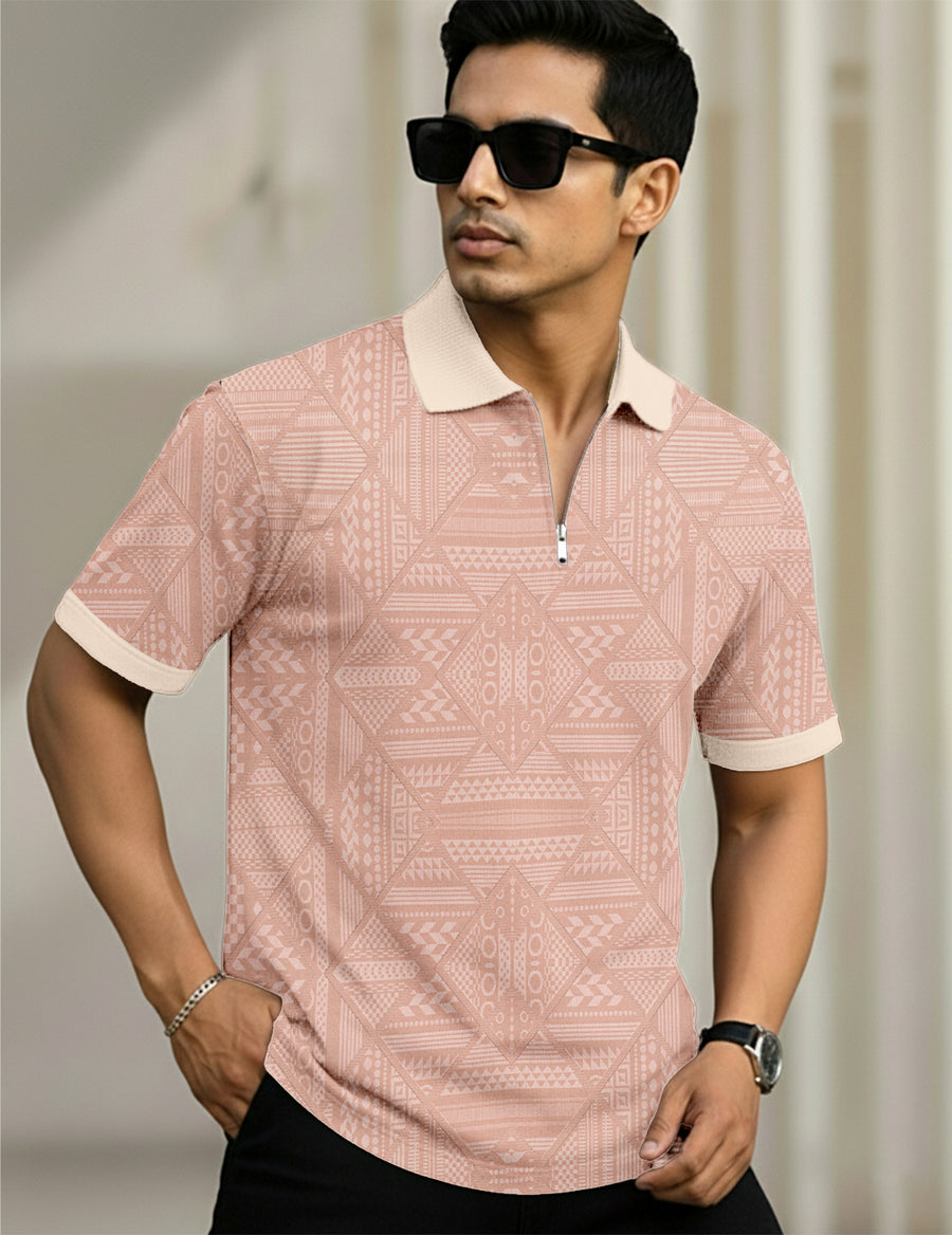 Force Printed Men Zip Neck Pink T-Shirt