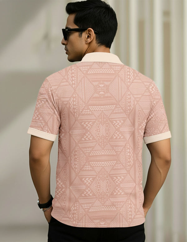 Force Printed Men Zip Neck Pink T-Shirt
