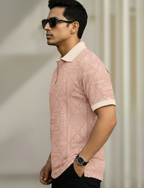 Force Printed Men Zip Neck Pink T-Shirt
