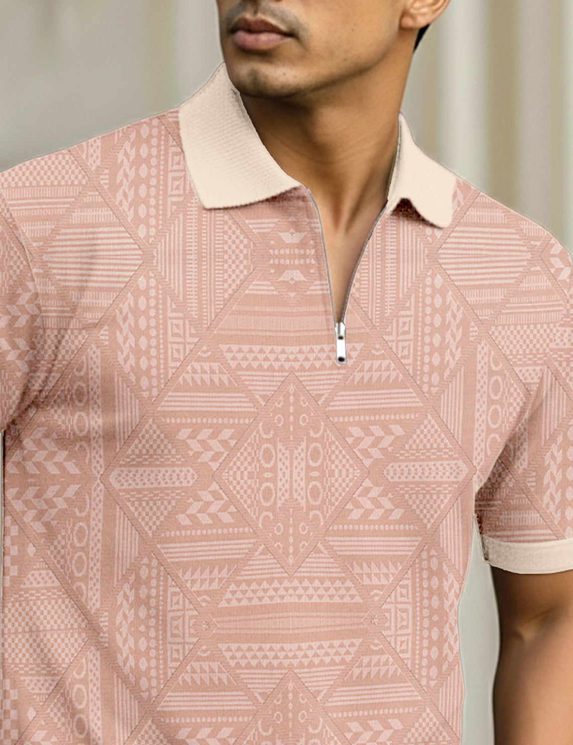 Force Printed Men Zip Neck Pink T-Shirt