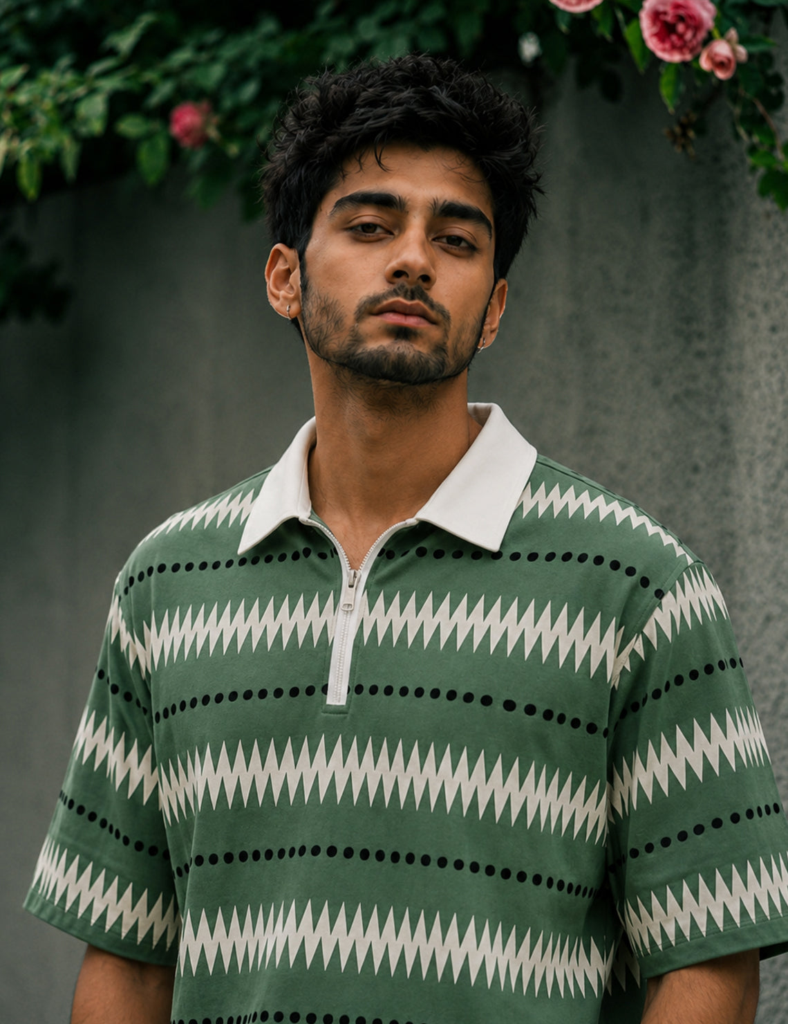 Force Printed Men Zip Neck Green T-Shirt