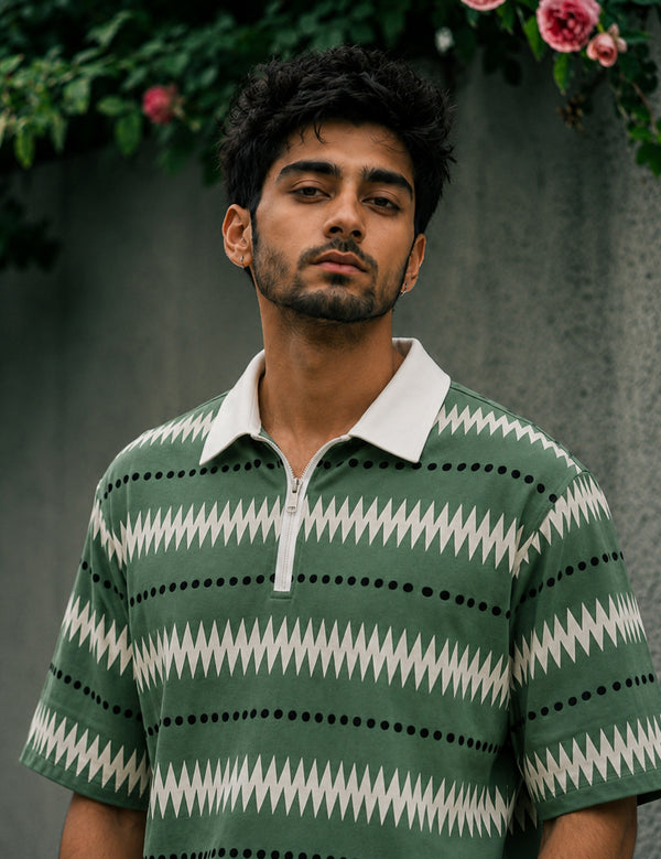 Force Printed Men Zip Neck Green T-Shirt