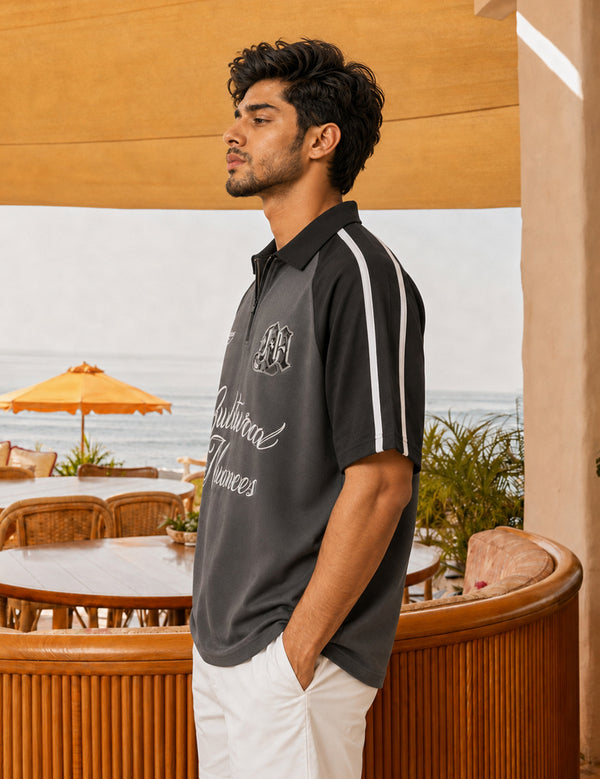 Force Printed Men Zip Neck Grey Melange T-Shirt