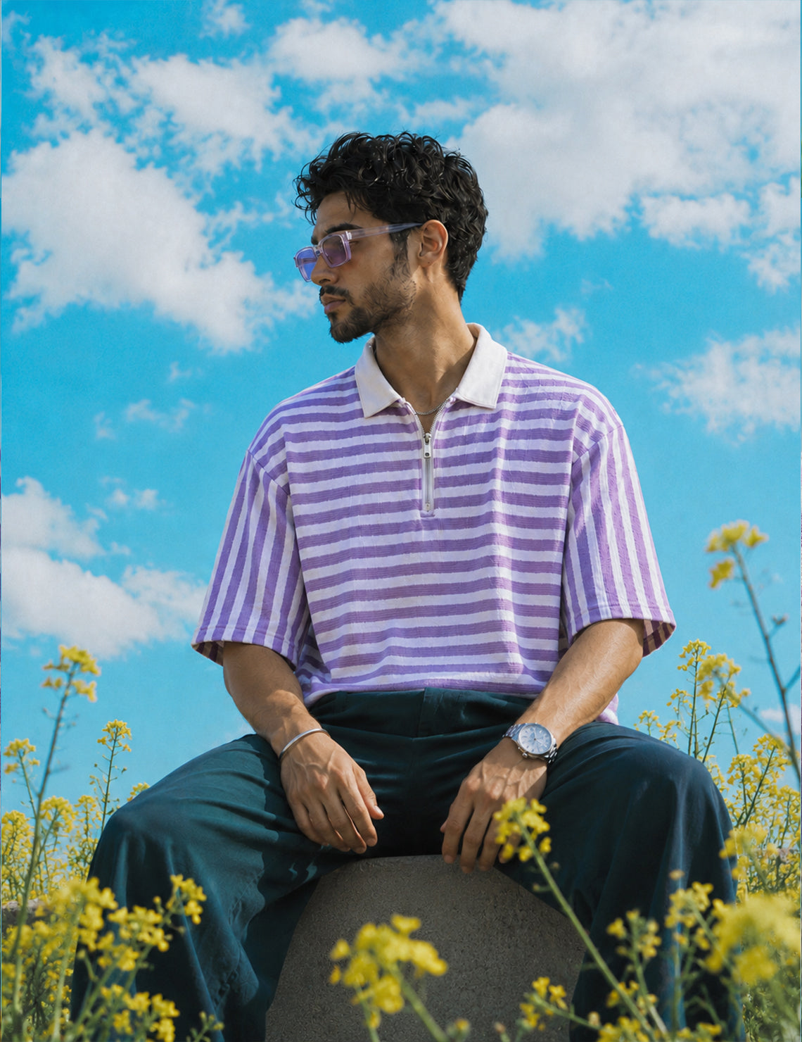 Force striped Men Zip Neck Pink T-Shirt