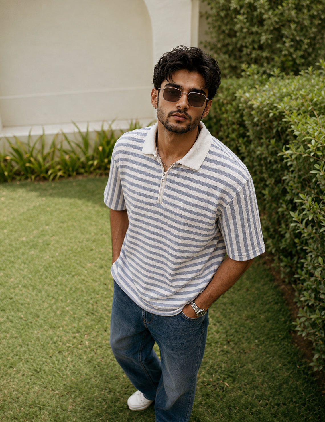Force striped Men Zip Neck Blue T-Shirt