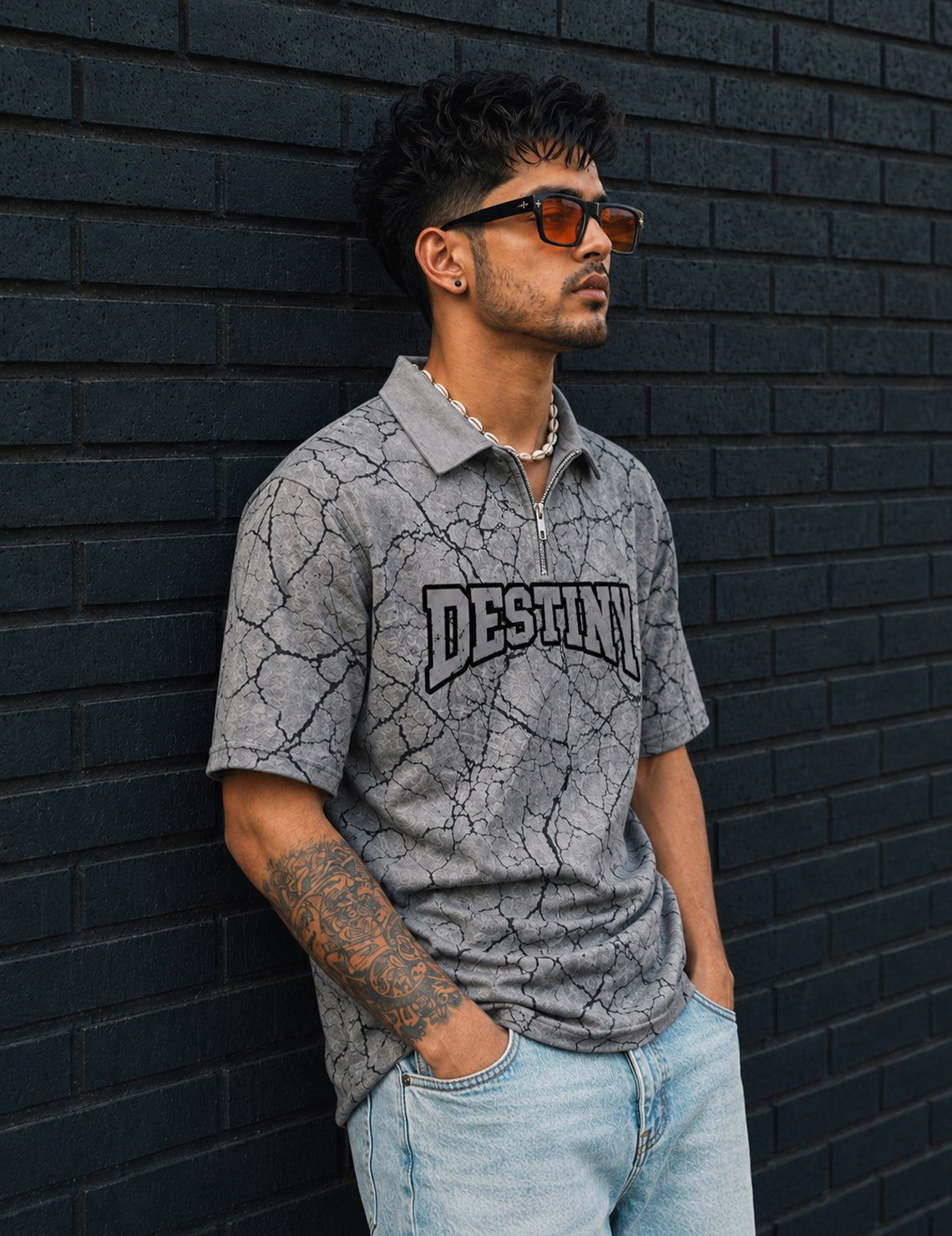 Force Printed Men Zip Neck Grey T-Shirt