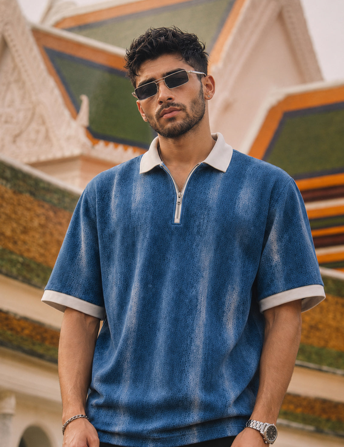 Force Printed Men Zip Neck Blue T-Shirt