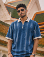 Force Printed Men Zip Neck Blue T-Shirt