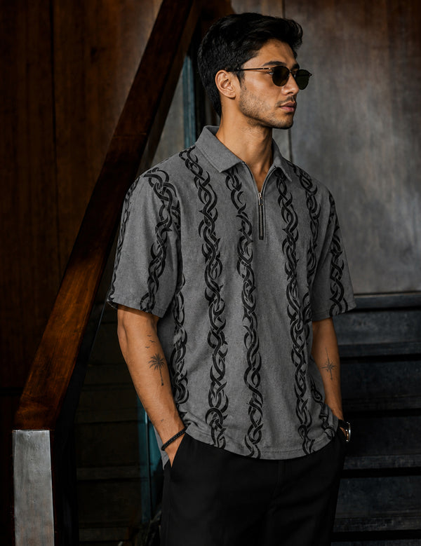 Force Printed Men Zip Neck Grey T-Shirt