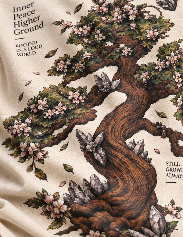 Zen Bloom – Cream Bonsai Graphic Oversized Half-Sleeve T-Shirt