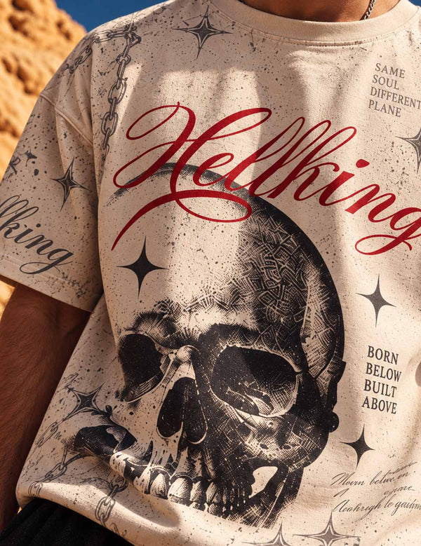 Hellking – Beige Skull Graphic Oversized Half-Sleeve T-Shirt
