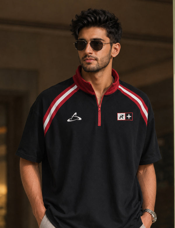 Force Printed Men Zip Neck Black T-Shirt