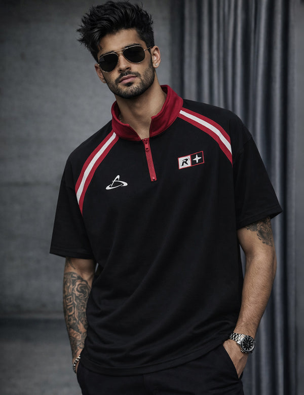 Force Printed Men Zip Neck Black T-Shirt