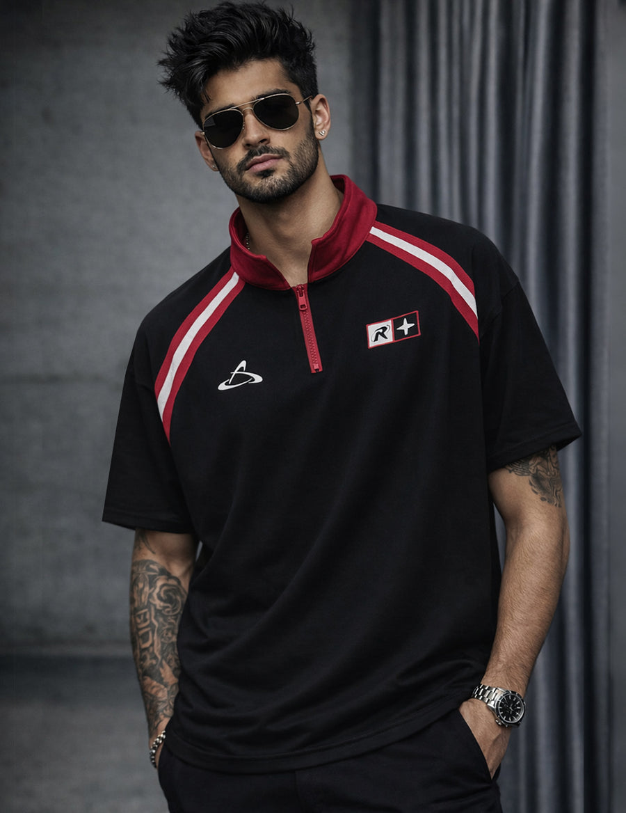 Force Printed Men Zip Neck Black T-Shirt
