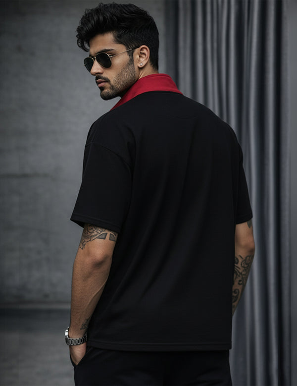 Force Printed Men Zip Neck Black T-Shirt