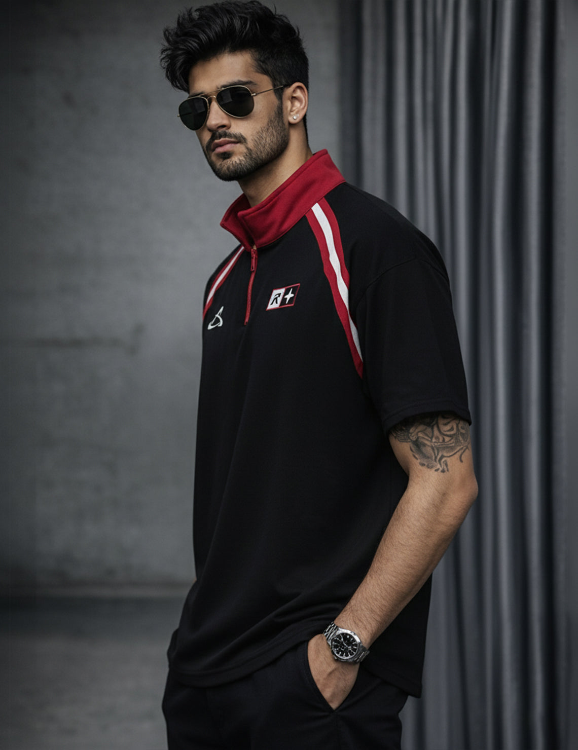 Force Printed Men Zip Neck Black T-Shirt