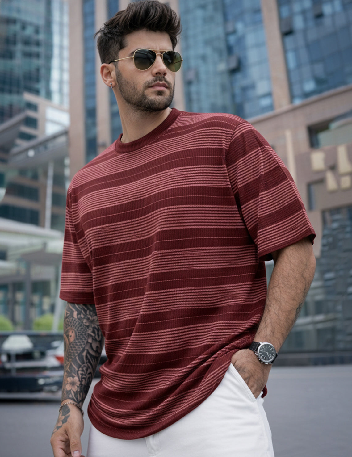 Force Striped Printed Men Round Neck Maroon T-Shirt