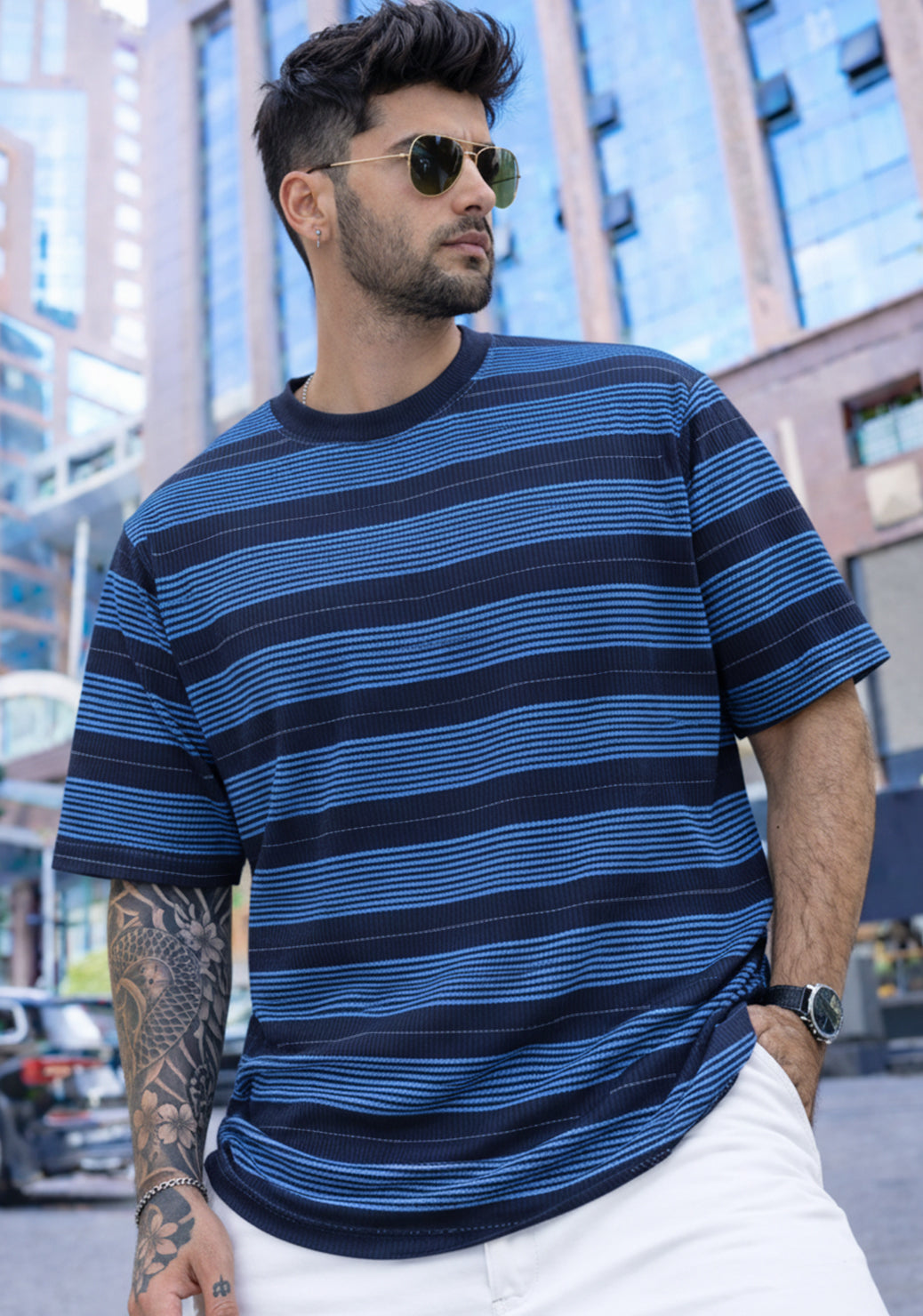 Force Striped Printed Men Round Neck Blue T-Shirt