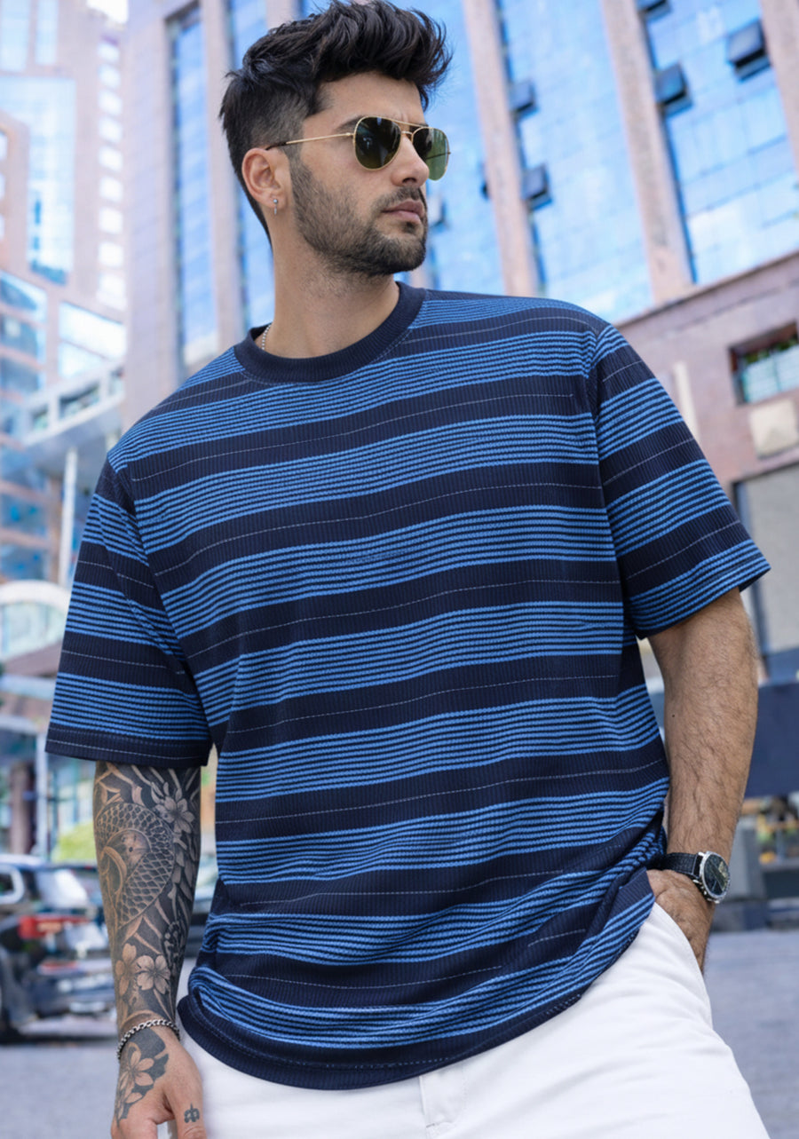 Force Striped Printed Men Round Neck Blue T-Shirt