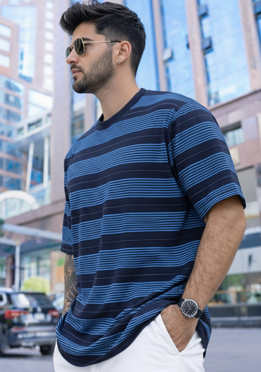 Force Striped Printed Men Round Neck Blue T-Shirt