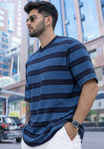 Force Striped Printed Men Round Neck Blue T-Shirt