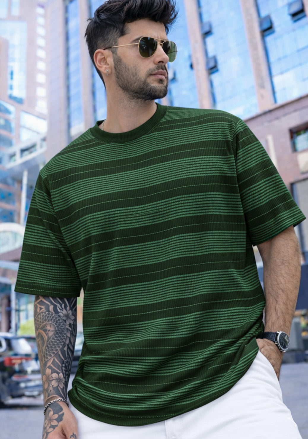 Force Striped Printed Men Round Neck Green T-Shirt