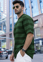 Force Striped Printed Men Round Neck Green T-Shirt