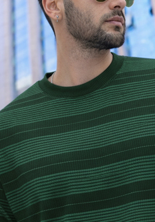 Force Striped Printed Men Round Neck Green T-Shirt