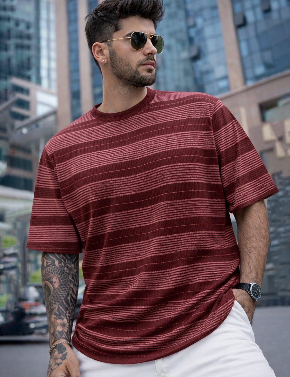 Force Striped Printed Men Round Neck Maroon T-Shirt