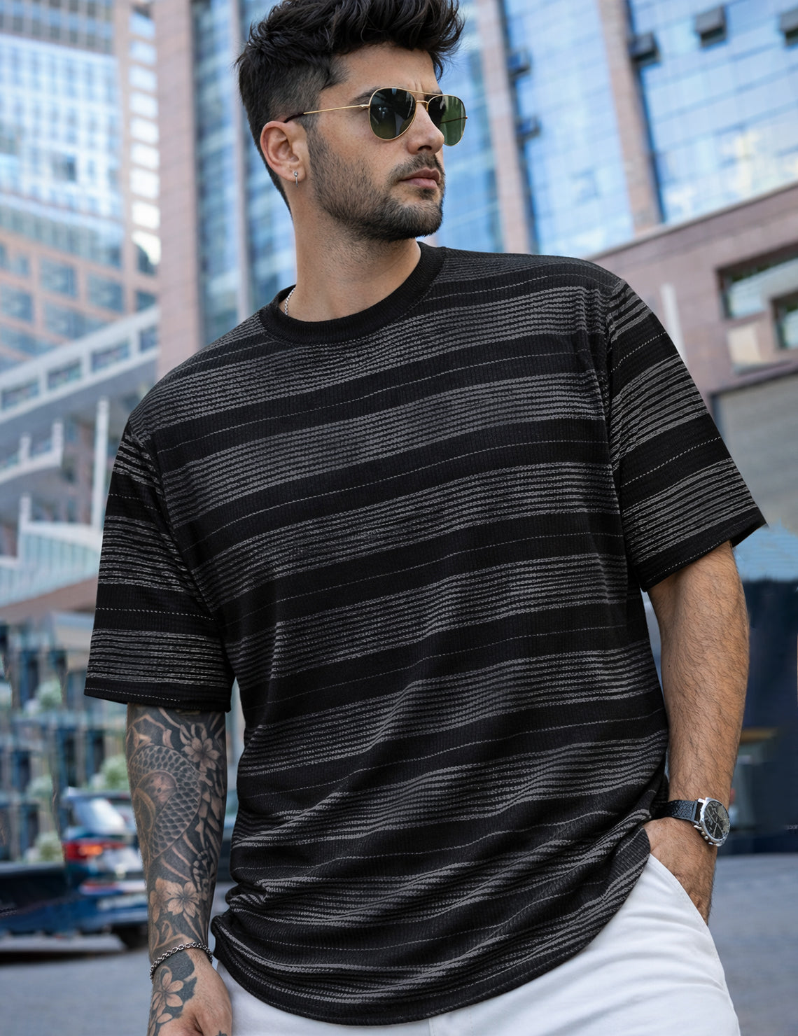 Force Striped Printed Men Round Neck Black T-Shirt