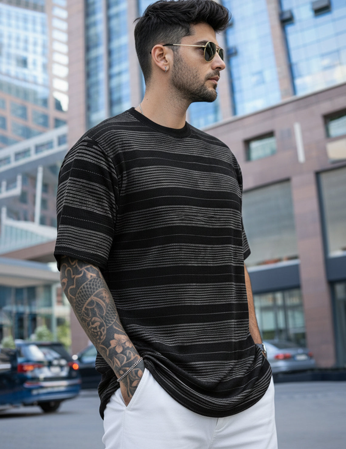 Force Striped Printed Men Round Neck Black T-Shirt