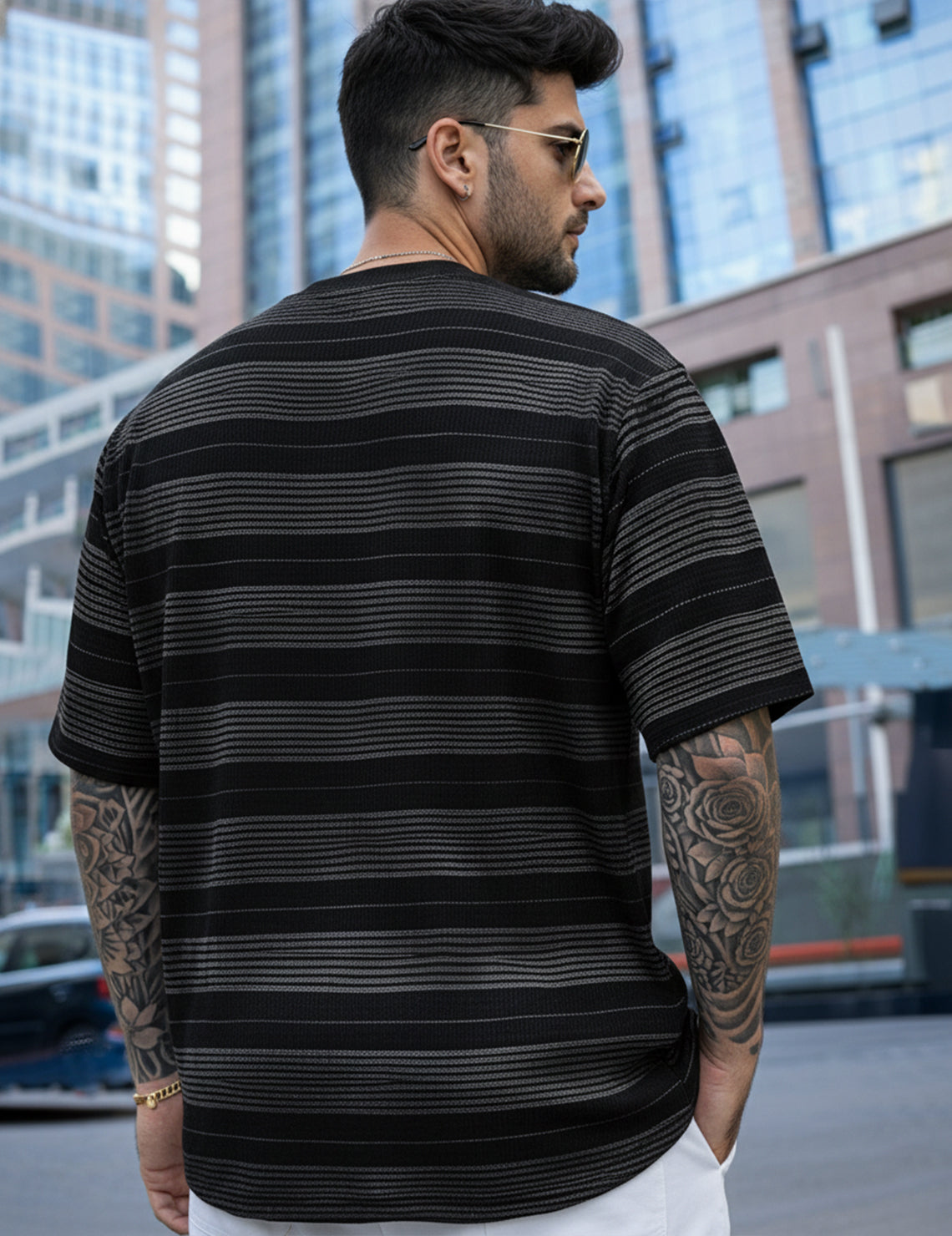 Force Striped Printed Men Round Neck Black T-Shirt