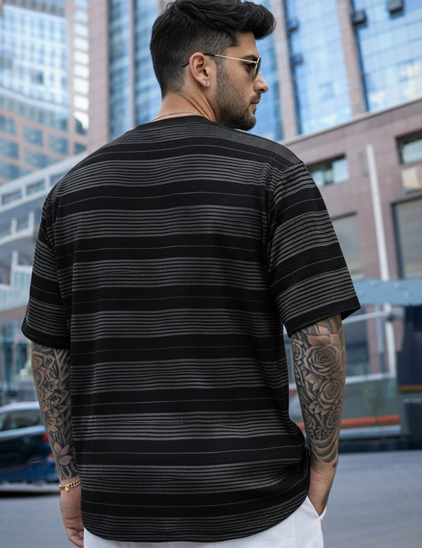 Force Striped Printed Men Round Neck Black T-Shirt