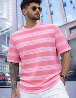 Force Striped Printed Men Round Neck Pink T-Shirt