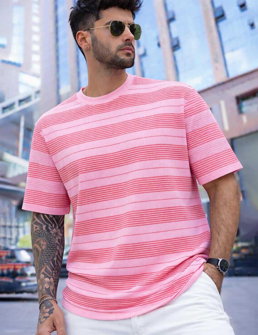 Force Striped Printed Men Round Neck Pink T-Shirt