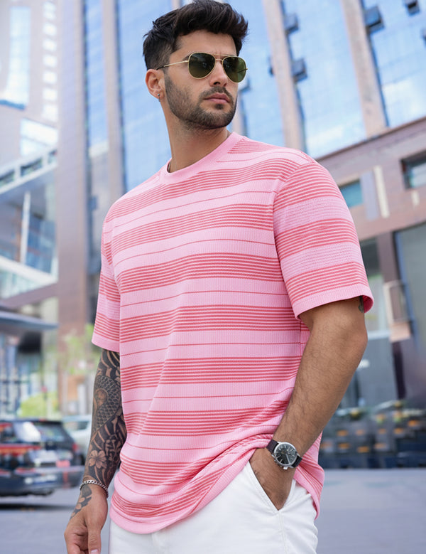 Force Striped Printed Men Round Neck Pink T-Shirt