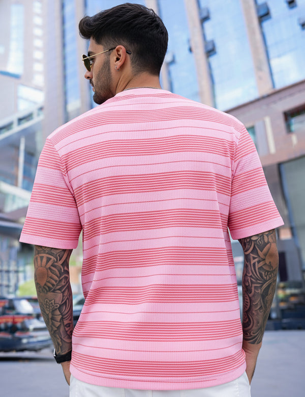 Force Striped Printed Men Round Neck Pink T-Shirt