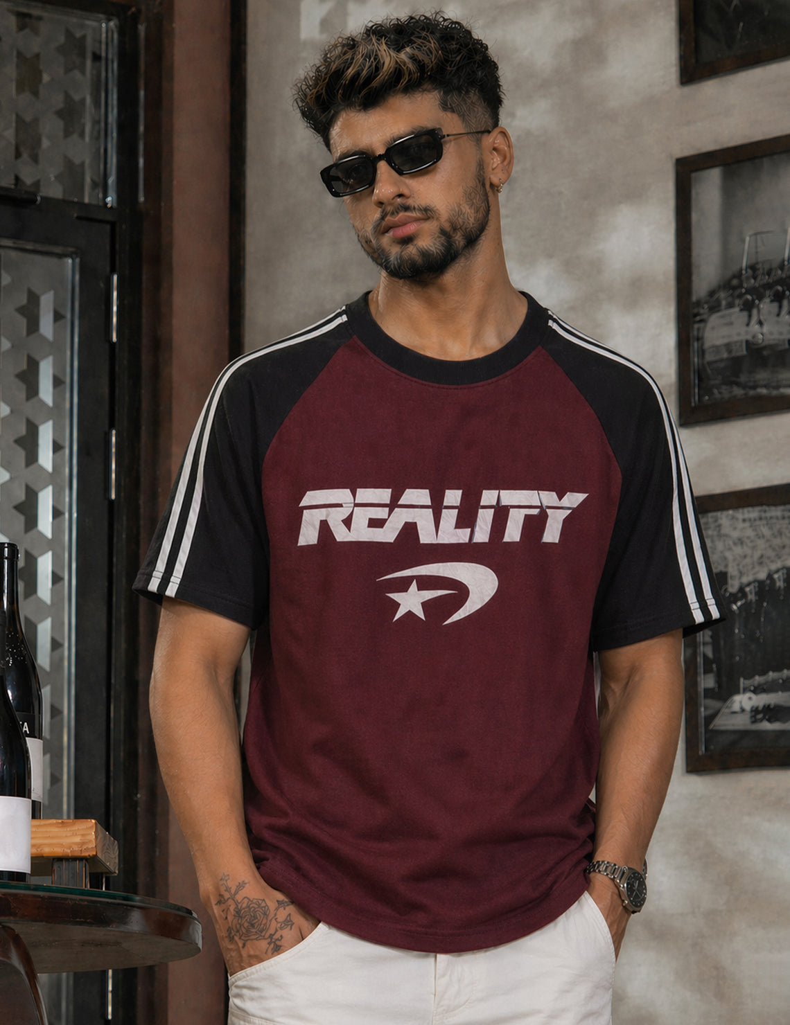 Force Graphic Print, Striped Men Round Neck Maroon, Black T-Shirt