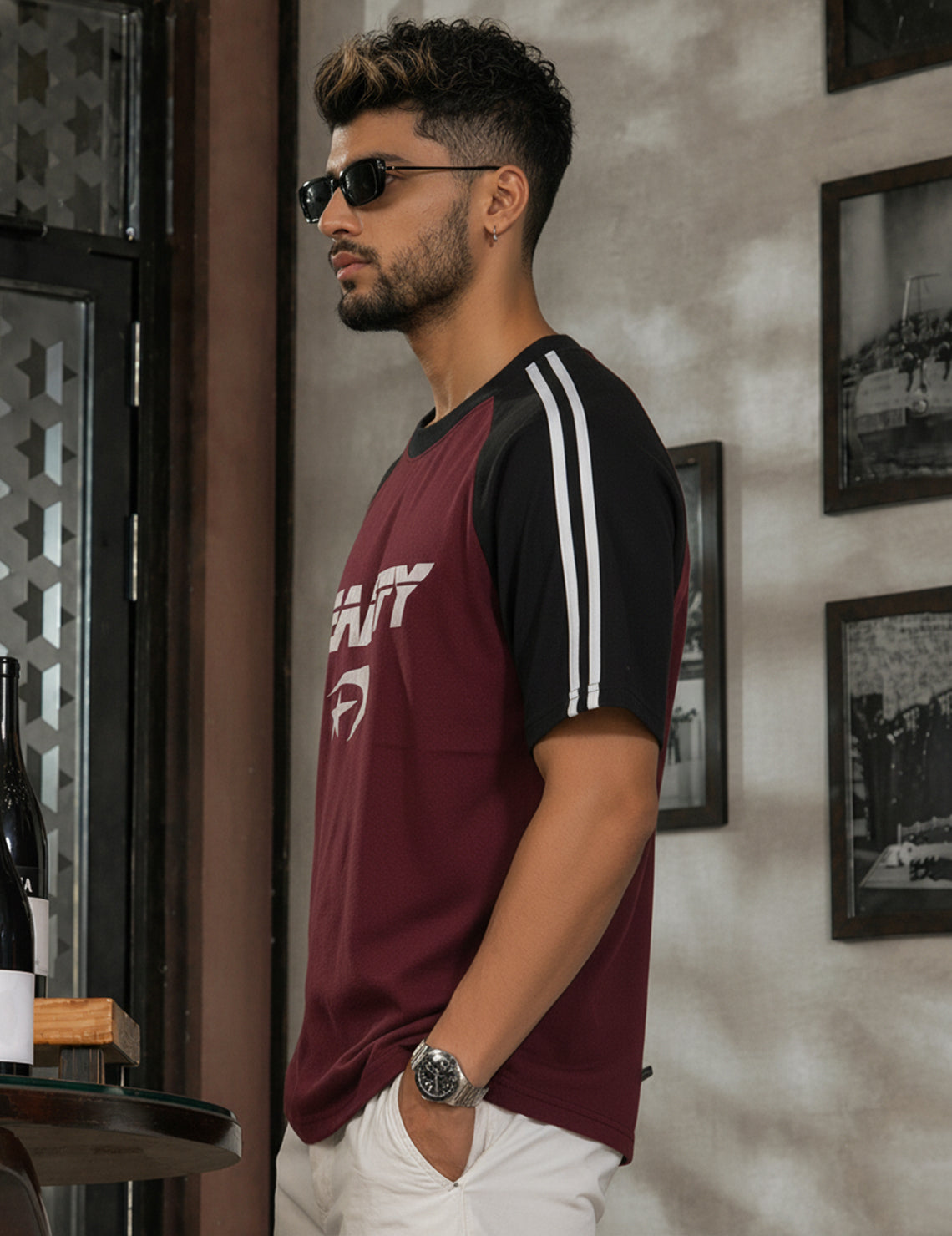 Force Graphic Print, Striped Men Round Neck Maroon, Black T-Shirt