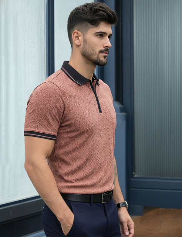 Force Solid Men Zip Neck Orange T-Shirt