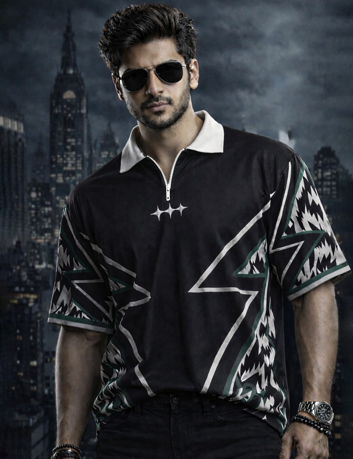 Force Printed Men Zip Neck Black T-Shirt