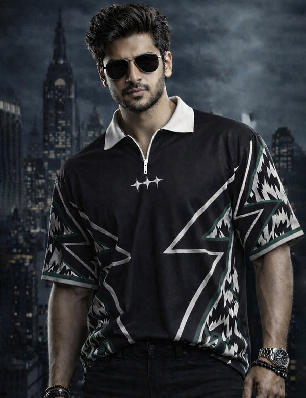 Force Printed Men Zip Neck Black T-Shirt