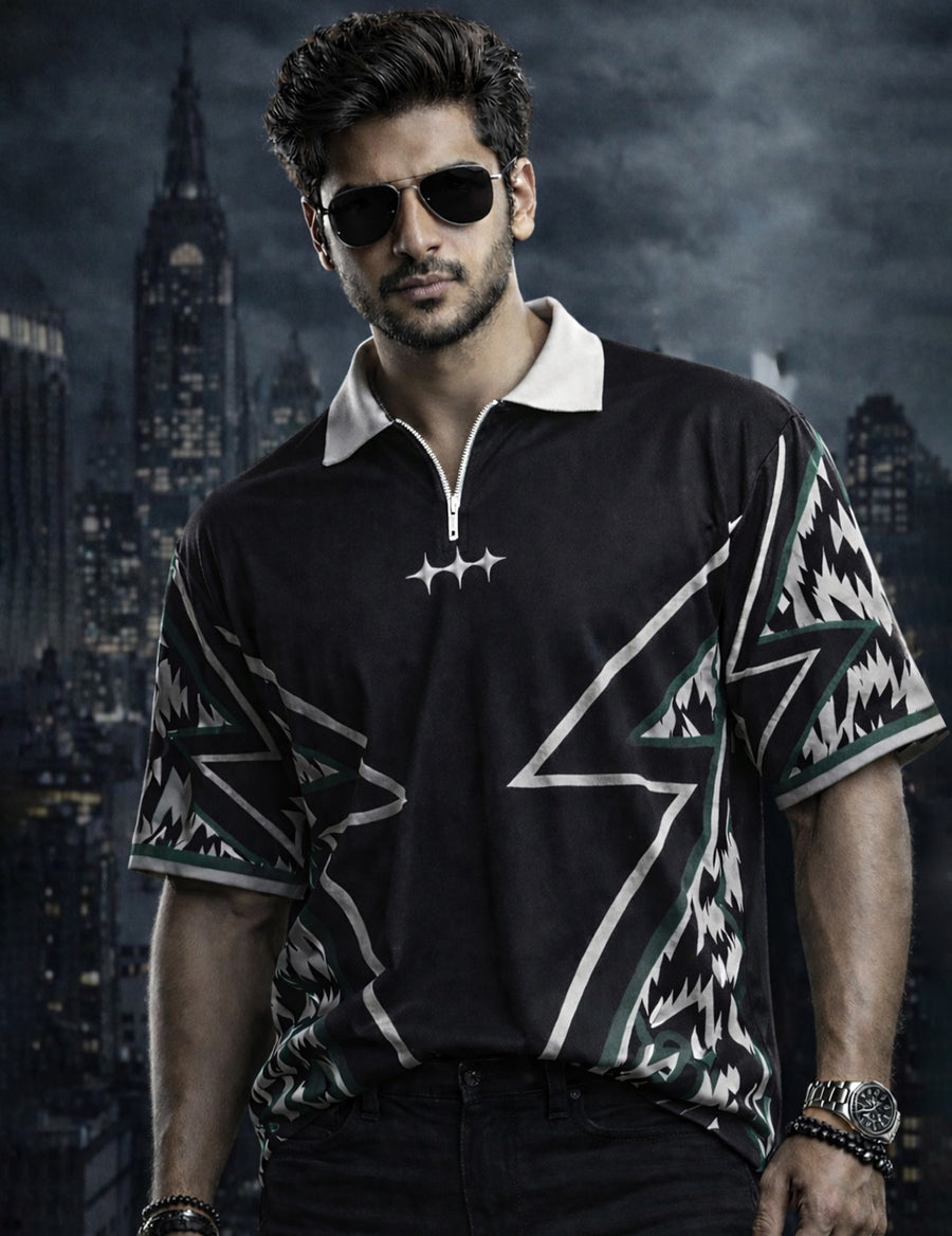 Force Printed Men Zip Neck Black T-Shirt
