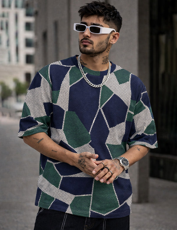 Force Self Design Men Round Neck Green, Multicolor T-Shirt